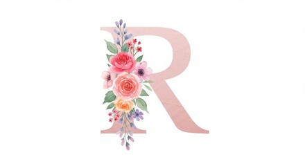Fototapeta premium Watercolor Floral Letter R Design - Elegant watercolor letter R adorned with a vibrant bouquet of roses, symbolizing romance, growth, beauty, new beginnings, and femininity