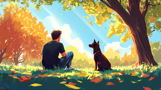 Jovem com cachorro em parque. Mind Fang. Illustration
