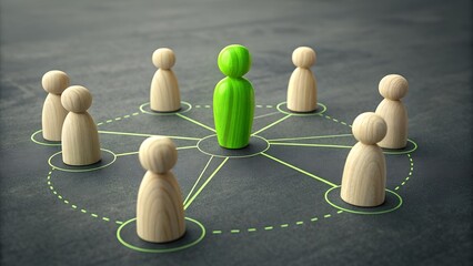 Obraz premium Green Leader: A green wooden figure stands out as a central figure surrounded by other wooden figures, symbolizing leadership and team dynamics.