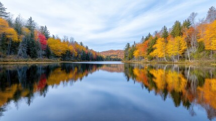 Obraz premium Autumnal lake reflected in still water. Vibrant fall foliage mirrored perfectly on the calm surface. Tranquil scene of colorful trees