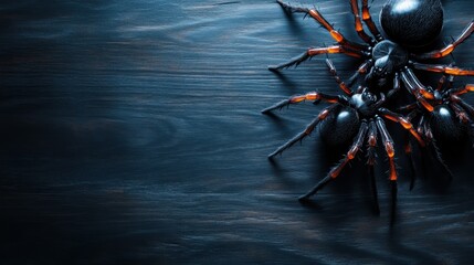 A close-up view of intricate black spiders on a dark table surface, evoking a feeling of suspense and mystery while enhancing the visual aesthetics for themed events.