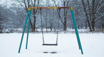 Winter's Silent Swing - A lone swing set in a snow-covered playground symbolizes solitude, lost childhood, winter's stillness, forgotten memories, and the passage of time