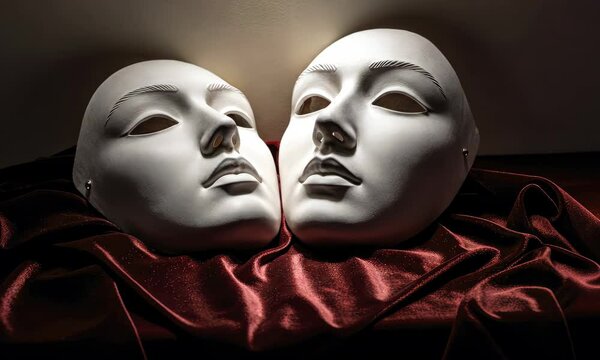 Two white masks resting on dark red fabric, evoking themes of mystery and drama