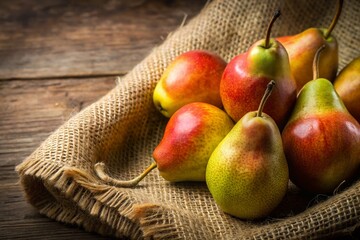 Elegant Pear Set Still Life:  Jute Background, Polished Fruit, Copy Space