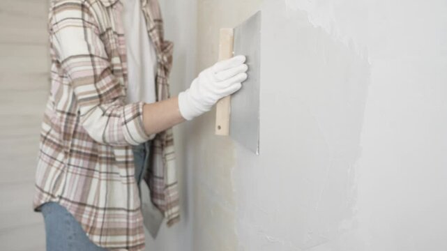 Unknown female construction worker wearing protective gloves applying plaster, smoothing wall surface during home renovation work