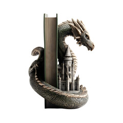 wide angle image of a bookend shaped like a dragon wrapping around a tower, isolated on white background