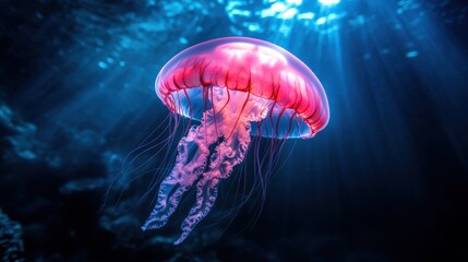 Fototapeta premium A stunningly vibrant pink jellyfish floats in the depths of the ocean, its ethereal glow captivating as it dances with the currents in a mesmerizing underwater environment.
