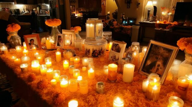 Intimate indoor altar with vibrant marigolds, glowing candles, and framed portraits commemorating departed loved ones, celebrating remembrance