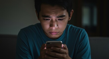 Young Man Experiencing Distress - A young Asian man sits in dim light, intensely gripping his smartphone, his expression showing distress and worry, symbolizing cyberbullying, online harassment