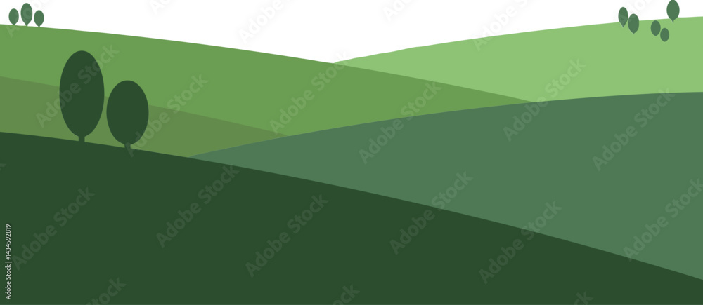 Poster rolling green hills landscape vector with simplified tree shapes and layered grass textures in flat 