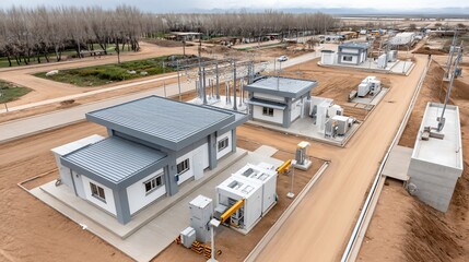 Obraz premium A drone shot of a data center under construction with underground cable trenches visible and concrete walls rising from site grade