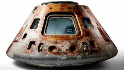 Close up of a vintage weathered space capsule spacecraft against a white background showing the viewport and exterior details. - Powered by Adobe