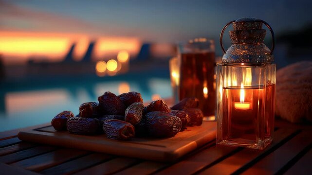 Delicious dates and candlelit lantern on a wooden tray at twilight near a pool creating a luxurious ambiance
