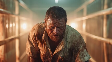 A rugged male figure in distress, captured in a gritty industrial setting, emphasizes struggle, determination, and raw emotion amidst dramatic lighting and intensity.