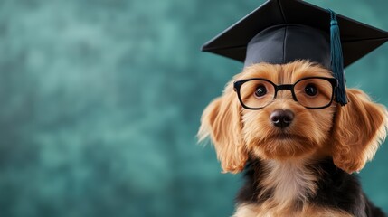 An adorable dog in a graduation cap and glasses, reflecting intelligence and playfulness, perfect for highlighting the special bond between pets and their owners.