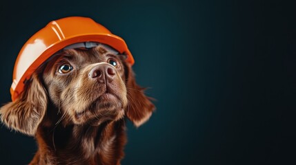A dog wearing an orange hard hat showcases a fun construction theme, representing hard work and dedication while adding a comical twist to a serious profession.