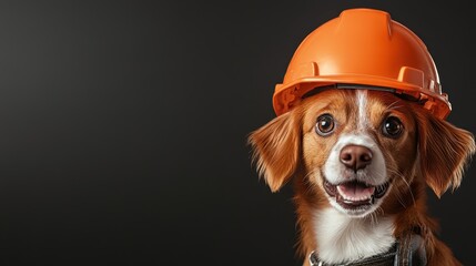 A cheerful dog with an orange hard hat stands out in a playful construction-themed photo, emphasizing the blend of seriousness and fun, perfect for humorous content.