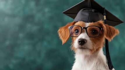 A small dog wearing a graduation cap and glasses radiates charm and intelligence, embodying the celebration of achievement and joy in a light-hearted manner.
