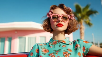 A fashionable young woman lounges in the sun, wearing pink sunglasses and a floral dress, embodying a playful summer vibe against a vibrant, retro backdrop.