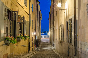 Night view of colorful houses in the old town of Stockholm, Sweden