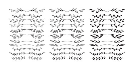 Hand drawn floral text divider isolated Doodle style set. Silhouette branches for invitations, web, books, greeting cards. 