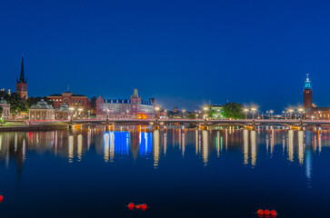 Obraz premium View at dusk of buildings at the waterfront in Stockholm, Sweden