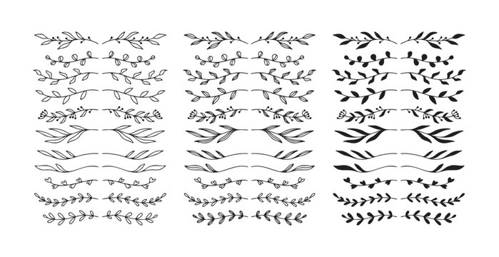 Hand drawn floral text divider isolated Doodle style set. Silhouette branches for invitations, web, books, greeting cards. 