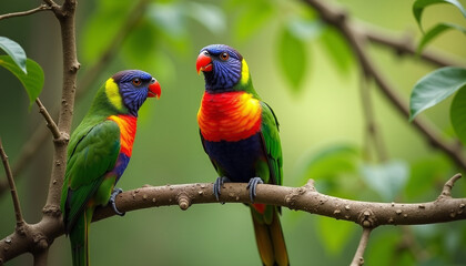 Obraz premium Colorful Birds Perched on a Tree Branch