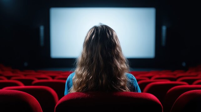 A lone viewer sits in a movie theater, gazing towards the blank screen, capturing the essence of anticipation and solitude in cinematic experiences.