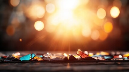The image features a beautiful arrangement of colorful glass pieces scattered on a surface, illuminated by a warm, glowing bokeh background, evoking a sense of wonder.