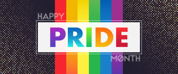 Happy PRIDE month banner with colorful rainbow color stripes and halftone glitter background