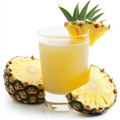 A glass of pineapple juice with a slice of pineapple and two pineapple halves, all on a white background