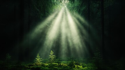 Obraz premium A captivating view of a dark forest illuminated by ethereal light rays, creating a mysterious yet serene atmosphere that invites introspection and connection with nature.