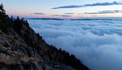Obraz premium Wide shot from the edge of a mountain cliff at twilight with low clouds rolling in below