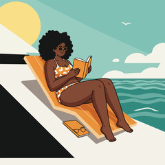 Beautiful woman relaxing and reading a book on a luxury yacht under a clear blue sky. This vibrant flat illustration captures a perfect summer holiday moment at sea