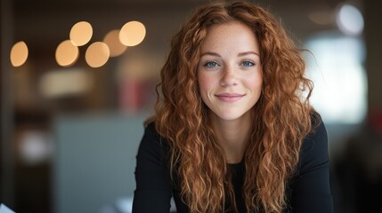 A smiling woman with curly hair in a cozy café setting, radiating warmth and approachability, perfect for themes of connection and a positive, inviting atmosphere.
