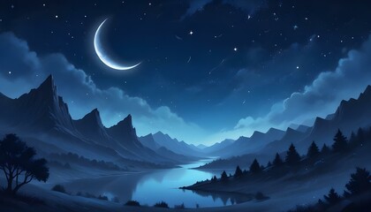 A breathtaking landscape showcasing a crescent moon, a lake, and a vast, starry night sky.