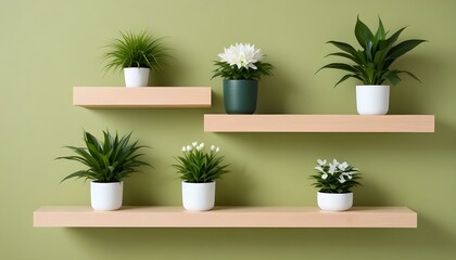 A collection of potted plants is artfully displayed on floating shelves against a green wall.