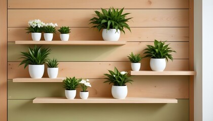 A beautifully arranged display of various potted plants on wooden shelves against a wall.