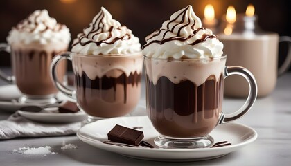 Indulge in a creamy hot chocolate topped with whipped cream and chocolate drizzle.