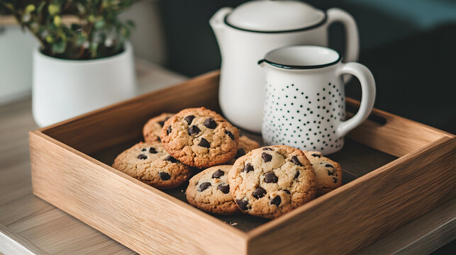 Freshly baked chocolate chip cookies on wooden tray with cozy kitchen setting