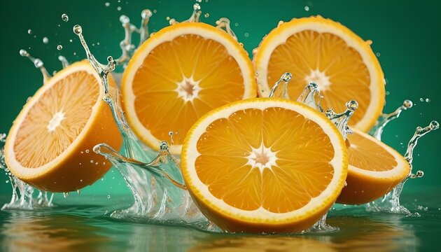 Orange fruit slices with water splash, showcasing freshness and vibrant summer essence.