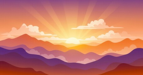 Obraz premium Summer sunrise landscape with purple and orange mountains and clouds. Abstract nature background for hiking and adventure concept. Hike, traveling and camping backdrop. Colorful digital flat banner.