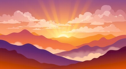 Obraz premium Summer sunrise landscape with purple and orange mountains and clouds. Abstract nature background for hiking and adventure concept. Hike, traveling and camping backdrop. Colorful digital flat banner.