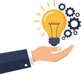 Hand Holding Light Bulb with Yellow Glow and Black Gears Symbolizing Innovation and Ideas Creativity 