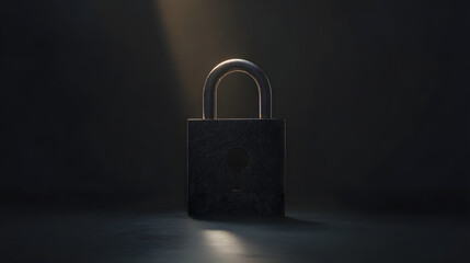 Naklejka premium padlock stands illuminated in dark room, symbolizing security and protection