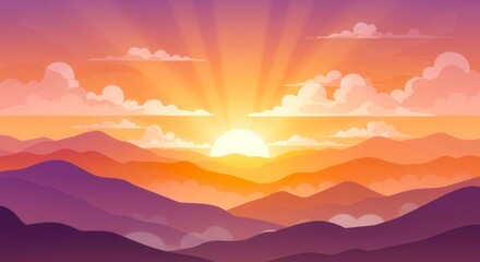 Obraz premium Summer sunrise landscape with purple and orange mountains and clouds. Abstract nature background for hiking and adventure concept. Hike, traveling and camping backdrop. Colorful digital flat banner.