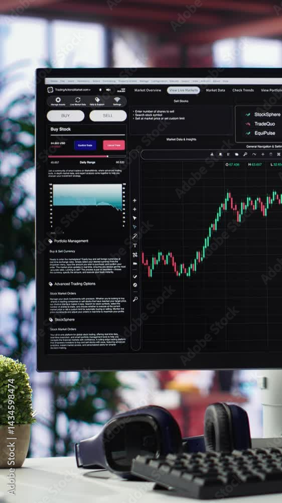 Poster vertical video empty workspace desktop running day trading stock market trends in stylish apartment.