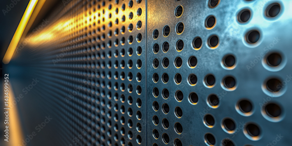 Poster light filtering through perforated metal creates an abstract visual effect in a modern setting