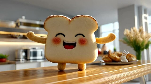 Happy cartoon toast character dancing in kitchen